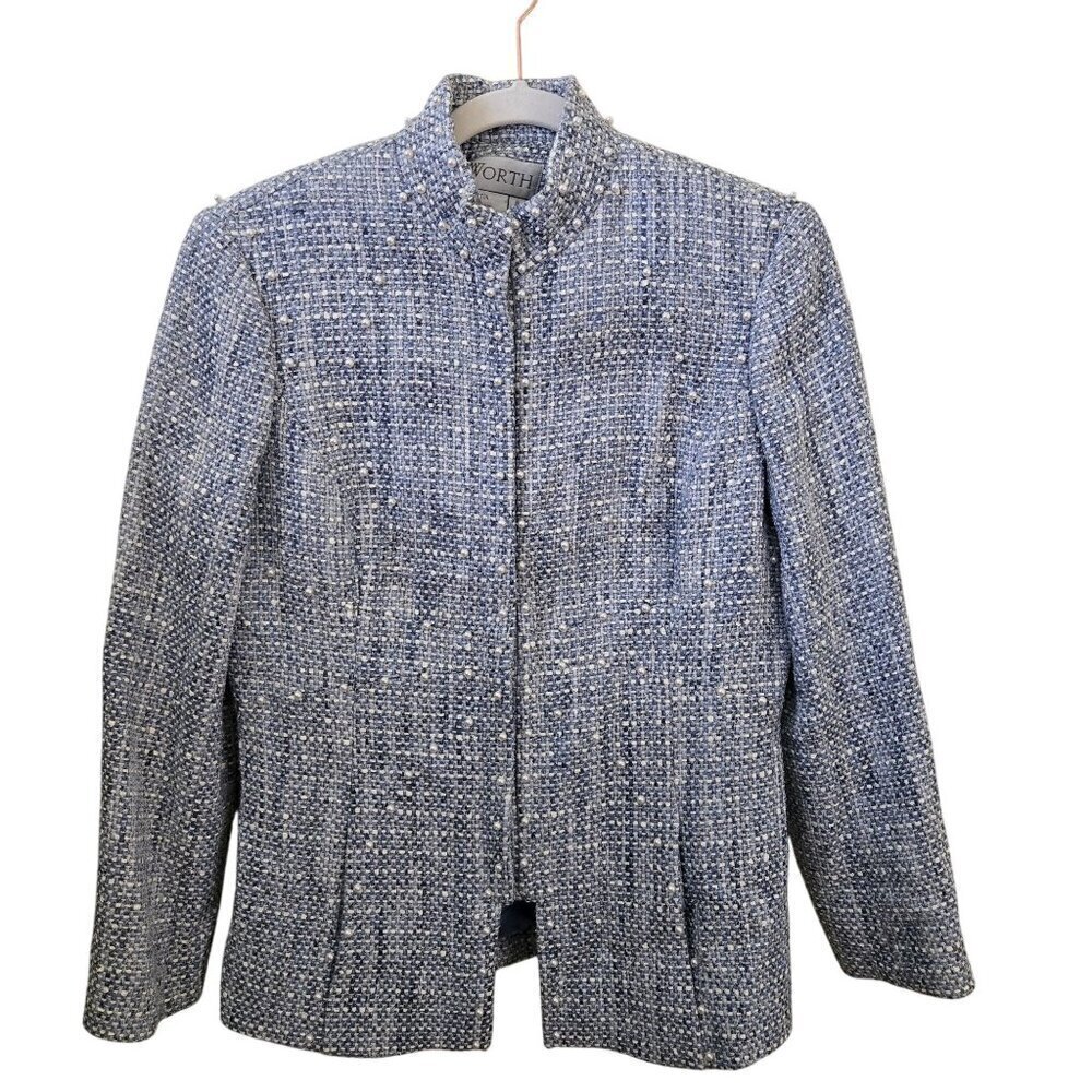 Worth Blue Tweed Pearl Accent Snap Closure Unique Rare Wool Blend Jacket Size 8
